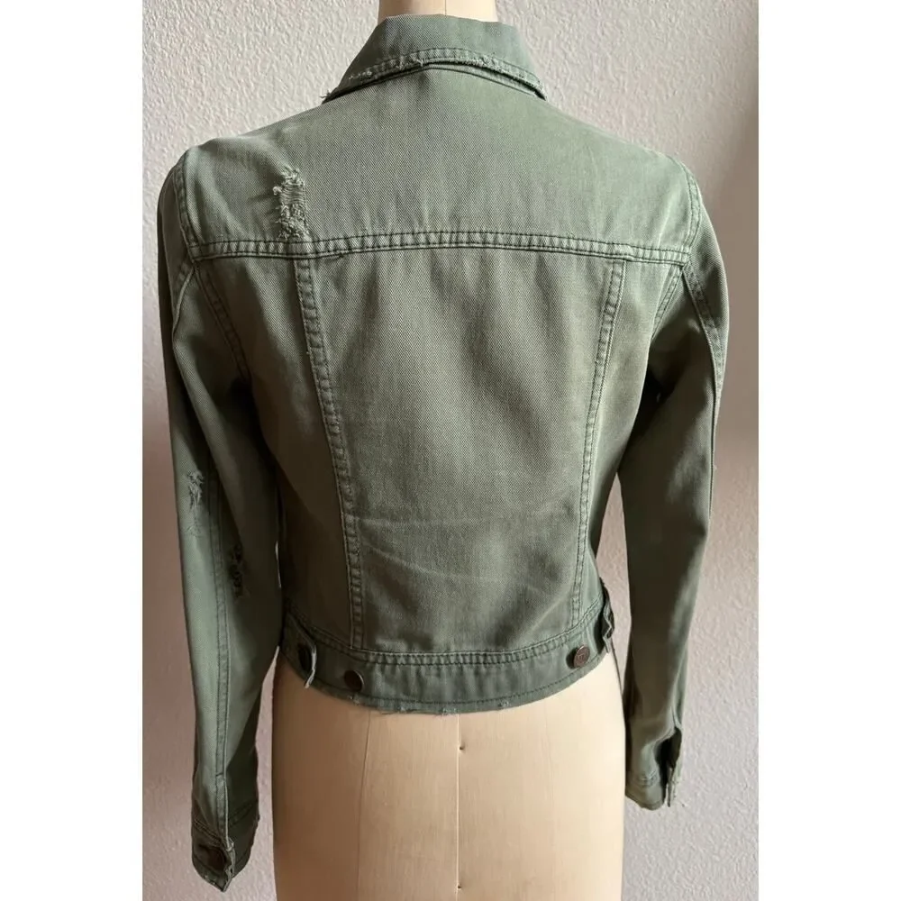 Free People Women's Green Distressed Jean Jacket sz‎ 6 EUC Soft Cotton